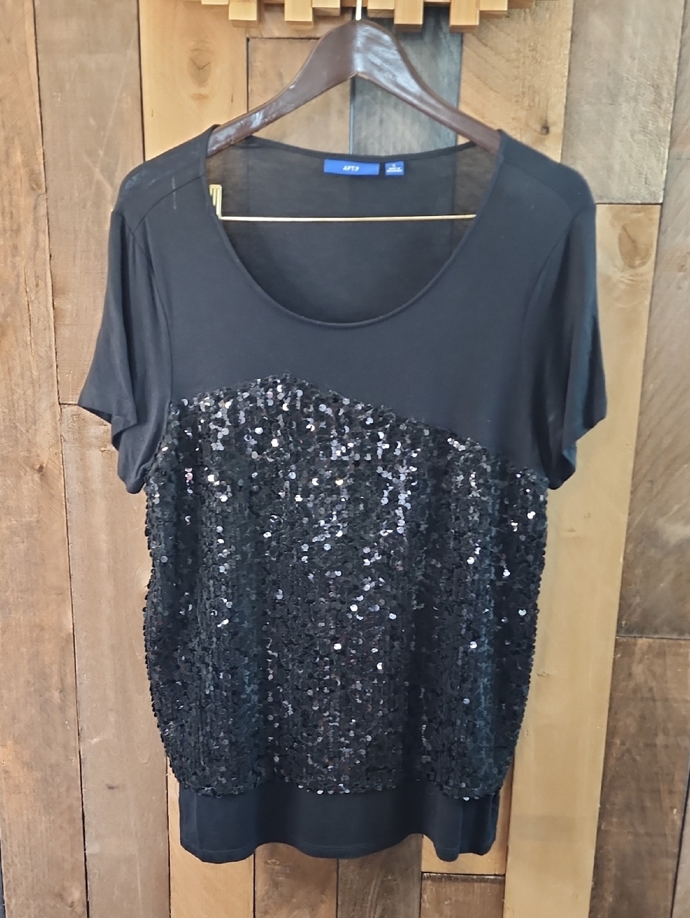 Apt. 9 Black Short-Sleeve Sequin Front Scoop Neck Top Size L